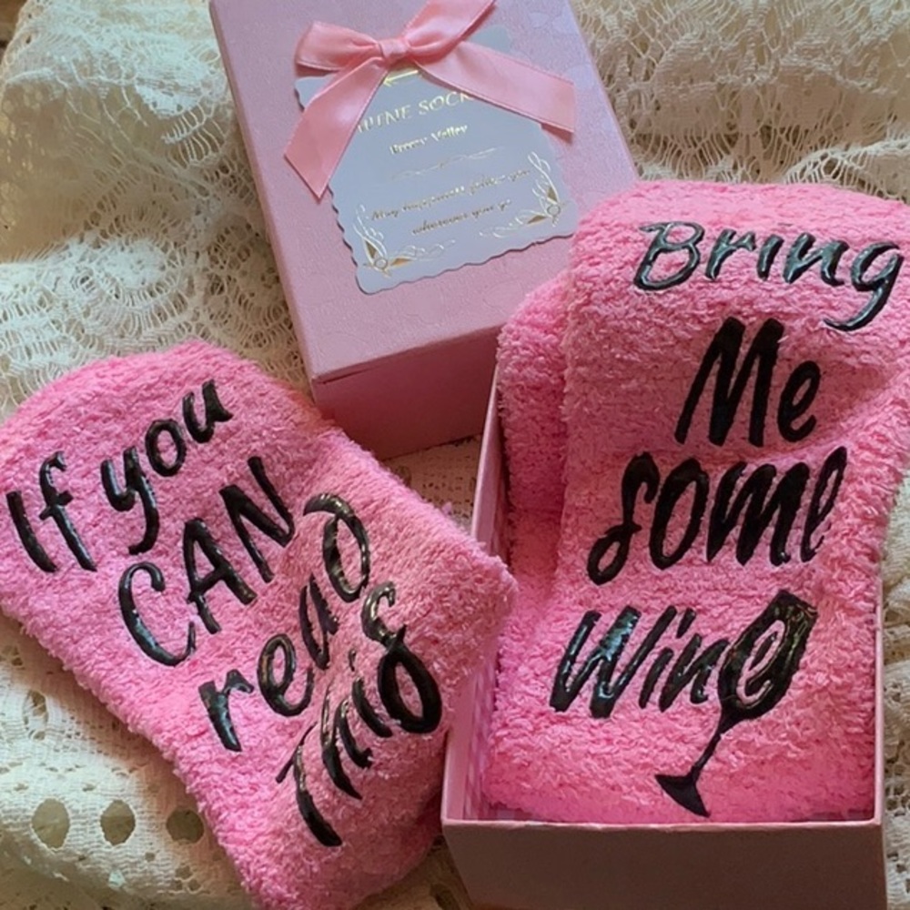 Pink Cozy Socks - Slippers - Bring Me Some Wine - NWOT - Pink Gift Box - Message